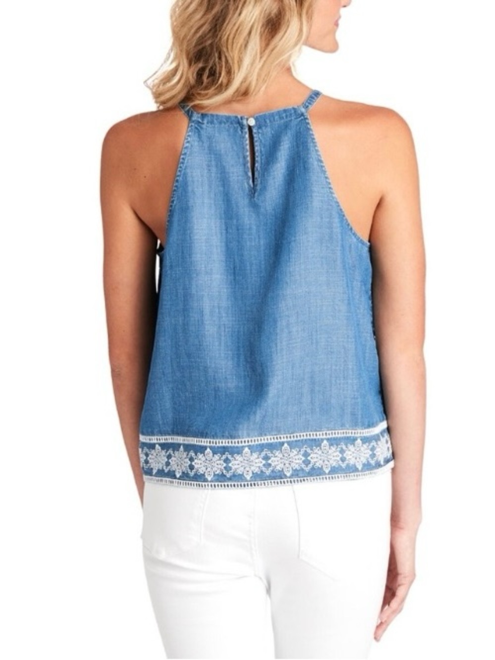 Vineyard Vines Chambray Blue Sleeveless Tank with White Embroidered Hem - Picture 10 of 10